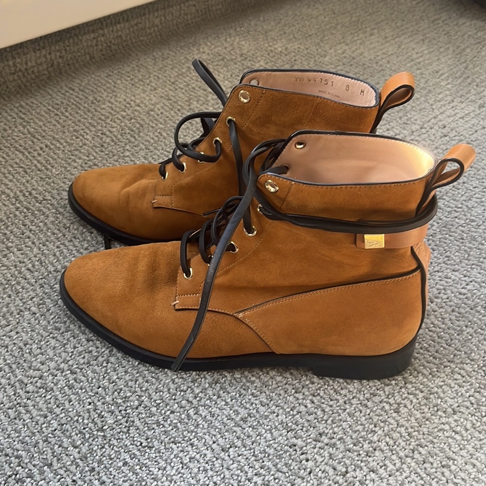 Stuart Weitzman Suede military boot in goldenrod color.